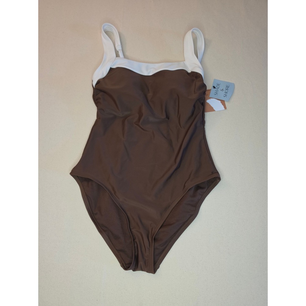 Shade & Shore Square Neck One Piece Swimsuit Brown Medium NWT